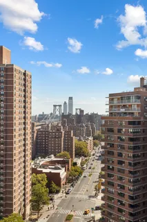 a city view with tall buildings
