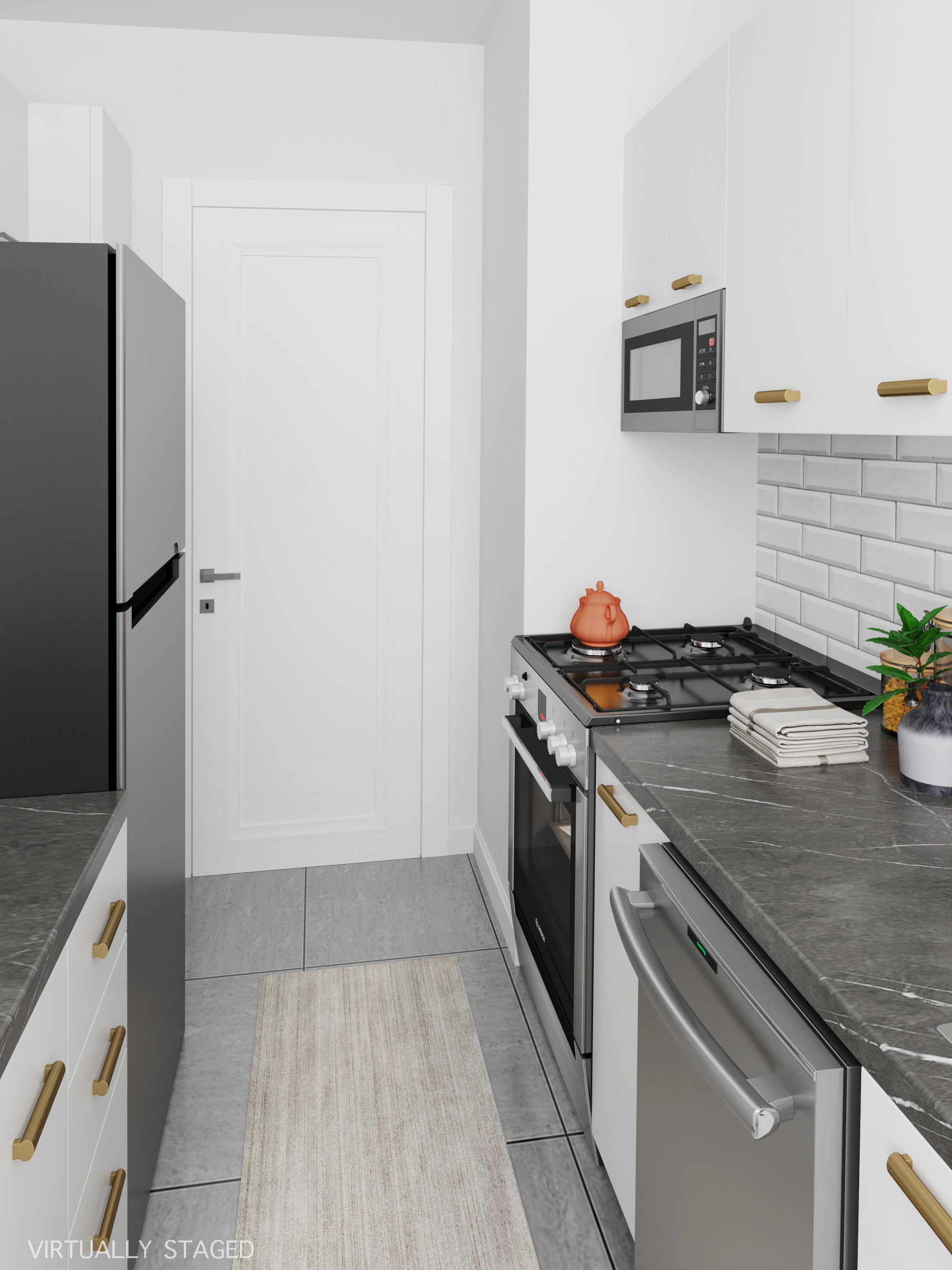 411 East 53rd Street, Unit 11K Manhattan, NY 10022 - Photo 7 of 19 a kitchen with granite countertop a sink stove and refrigerator