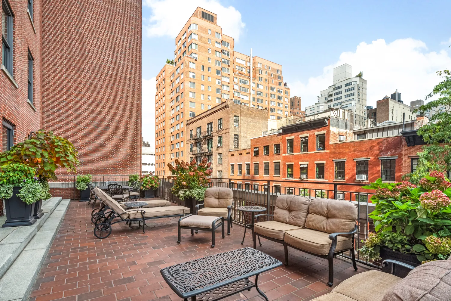 a building outdoor space with patio furniture