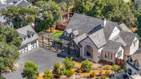 an aerial view of a house with a yard and potted plants