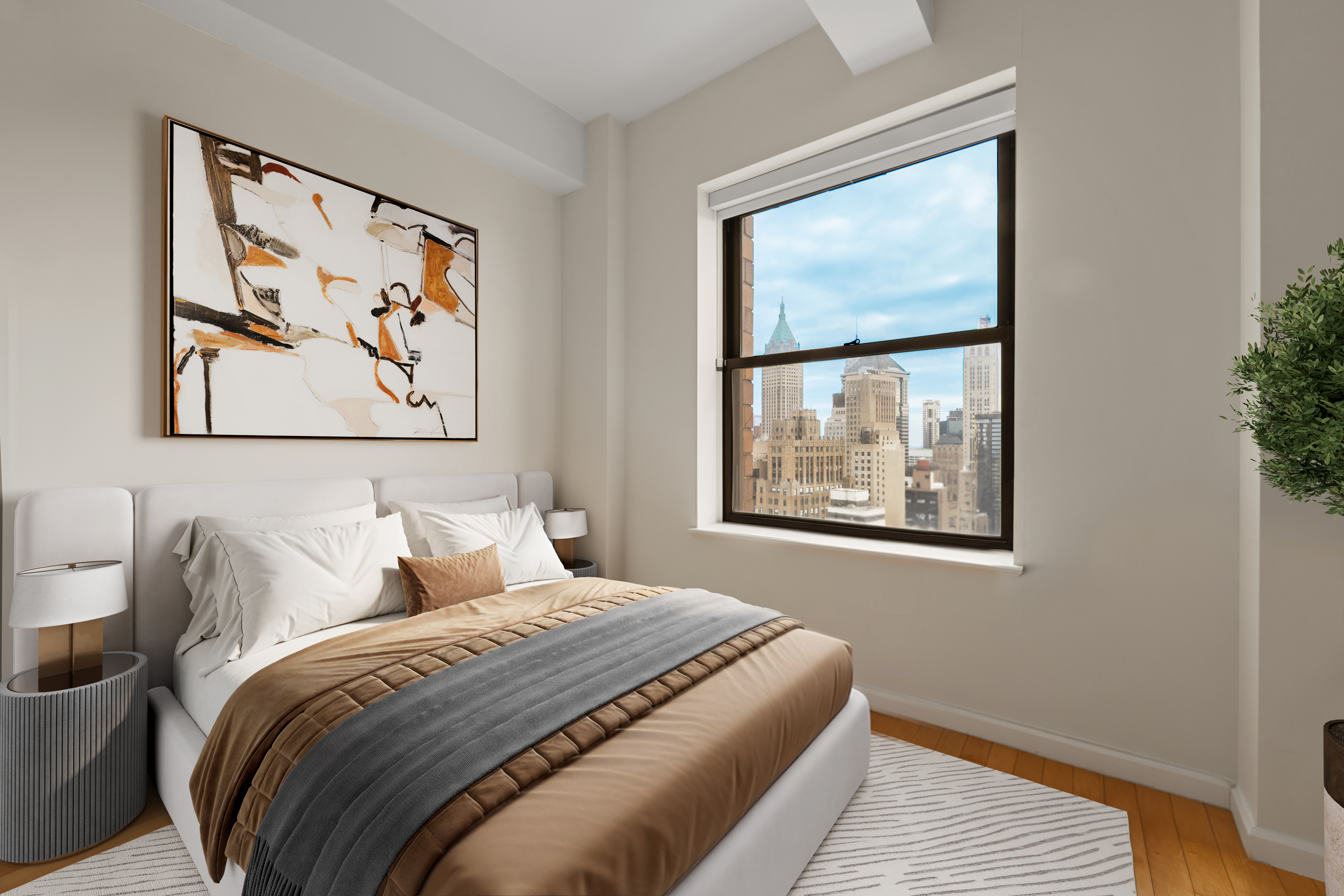 20 West Street, Unit 41D Manhattan, NY 10004 - Photo 2 of 17 a bedroom with a bed and a painting on the wall
