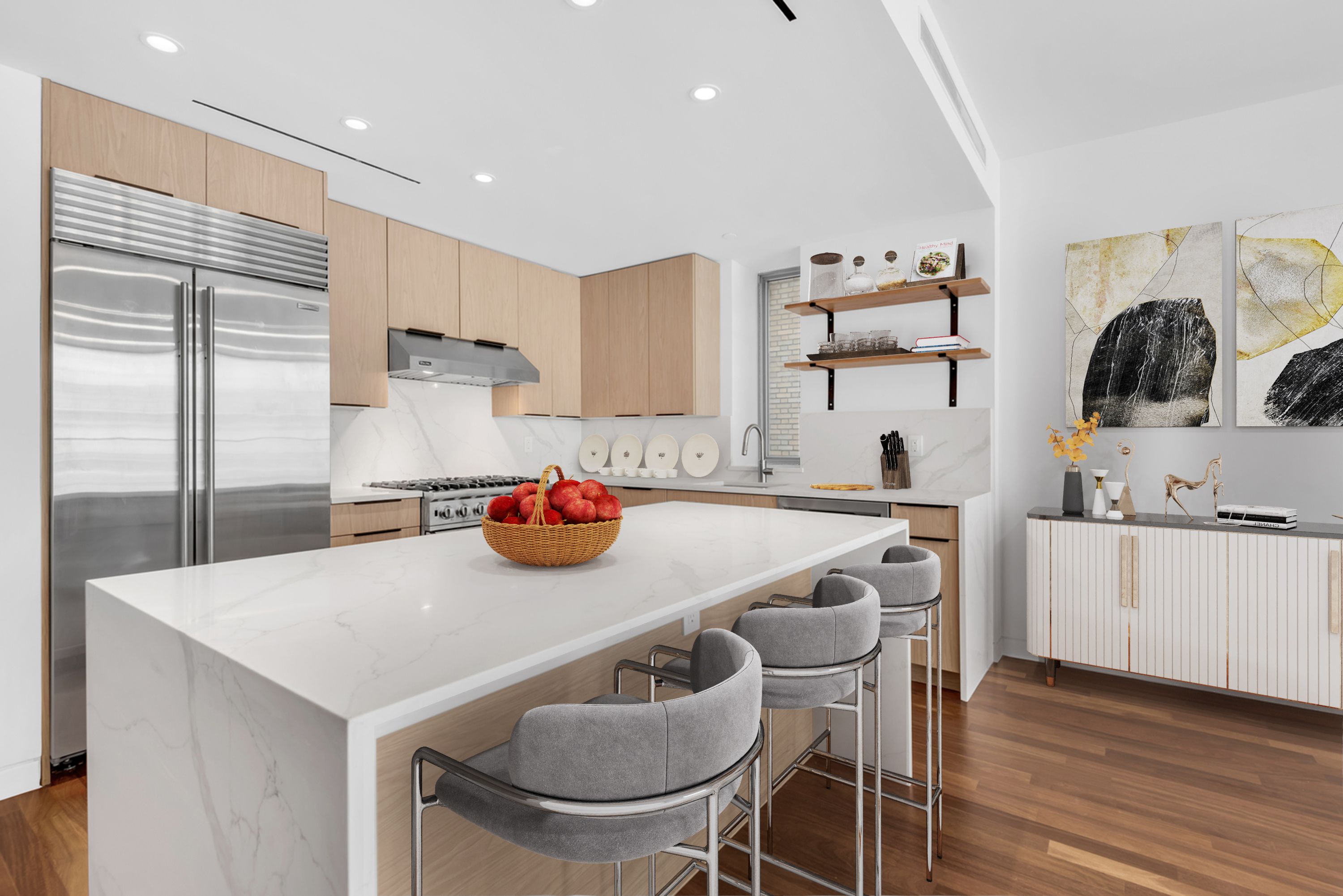210 West 96th Street, Unit 6 Manhattan, NY 10025 - Photo 3 of 14 a kitchen with kitchen island a table and chairs