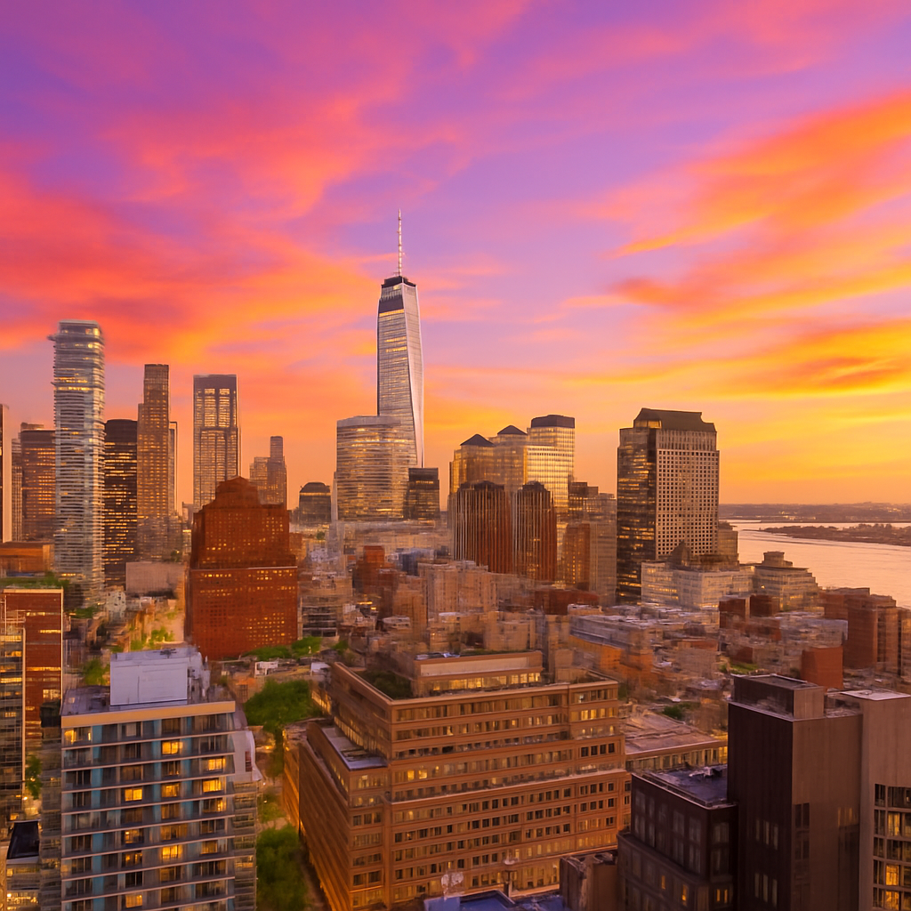 a view of a city with tall buildings
