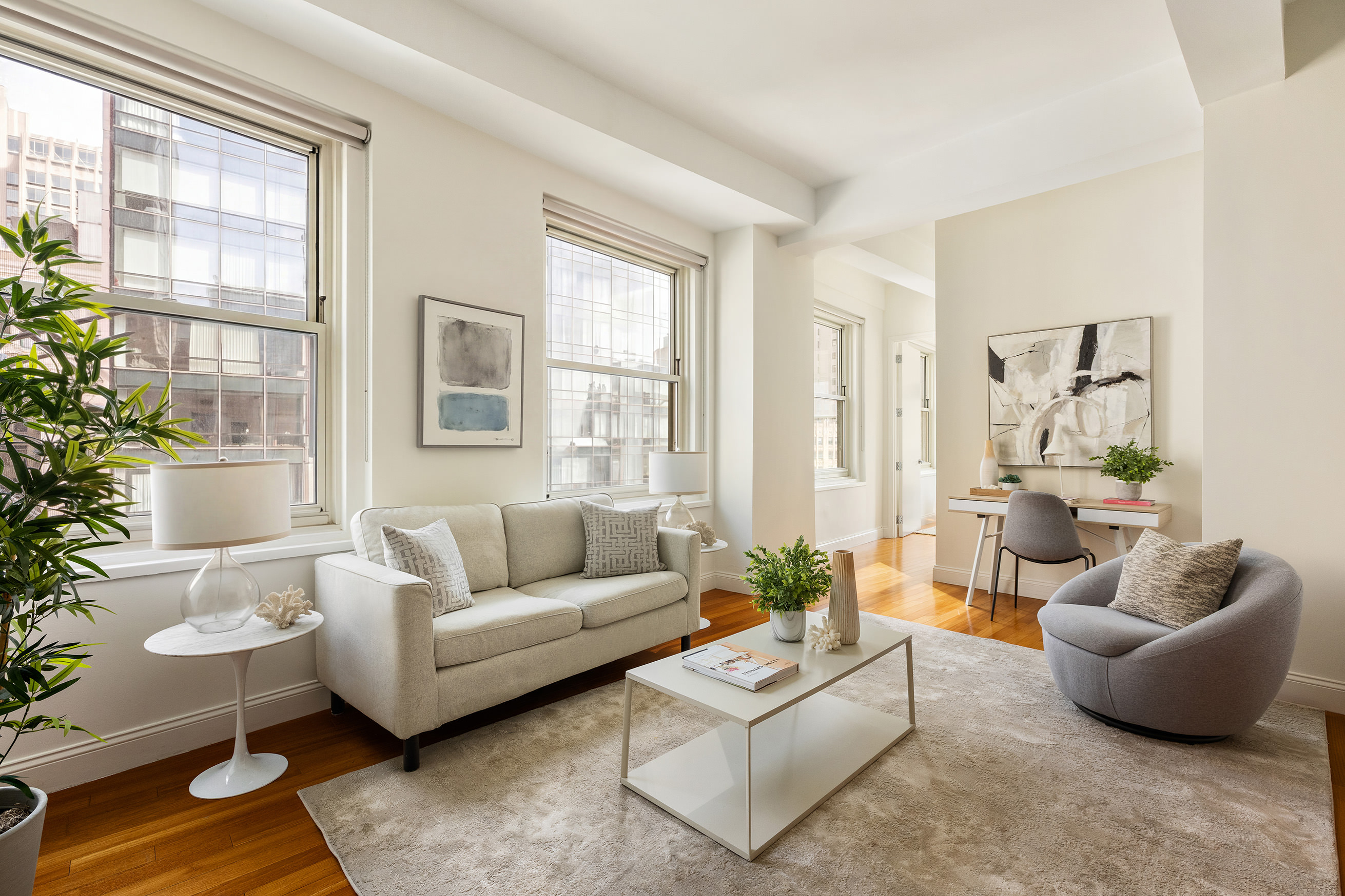 a living room with furniture and a potted plant