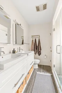 a bathroom with a sink a toilet and a shower