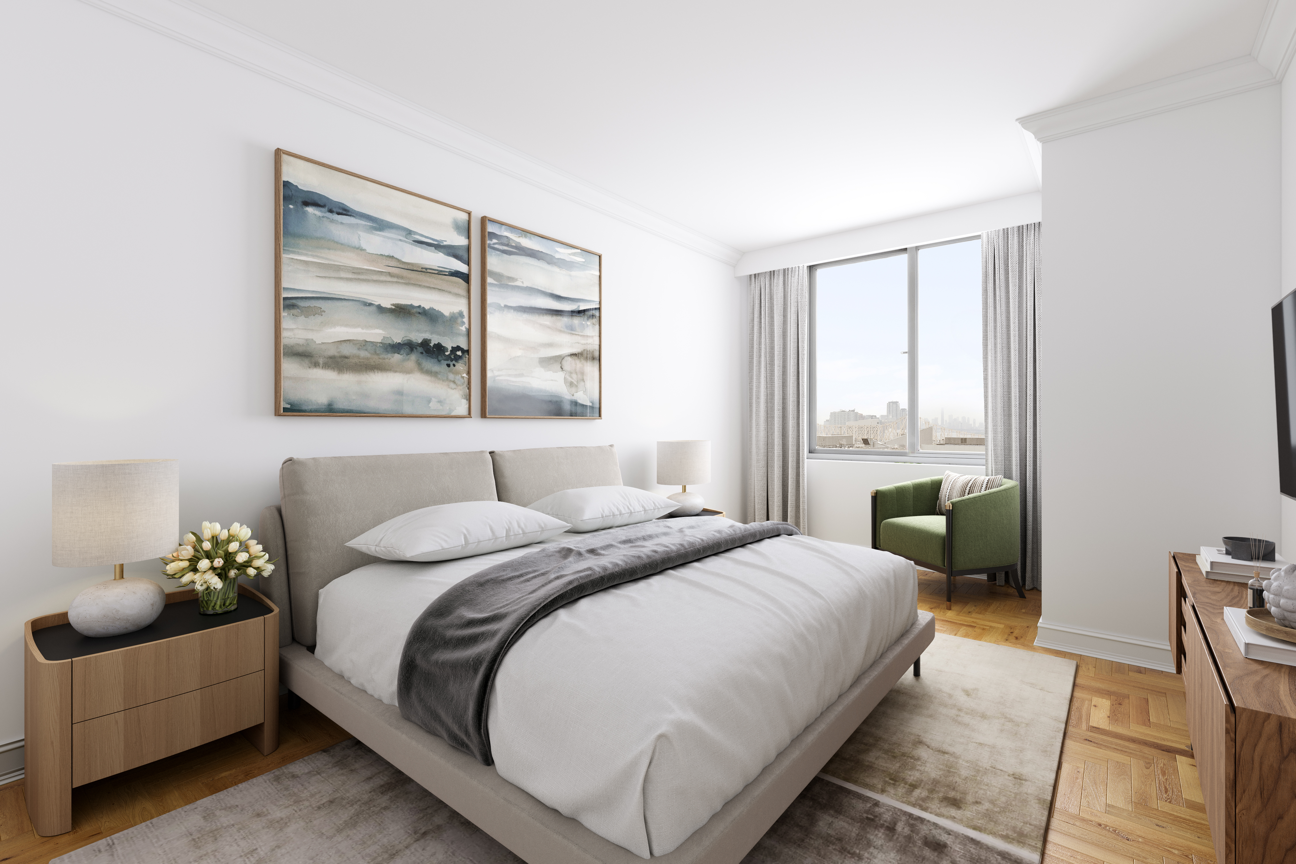 524 East 72nd Street, Unit 28DE Manhattan, NY 10021 - Photo 3 of 14 a bedroom with a bed and a painting on the wall