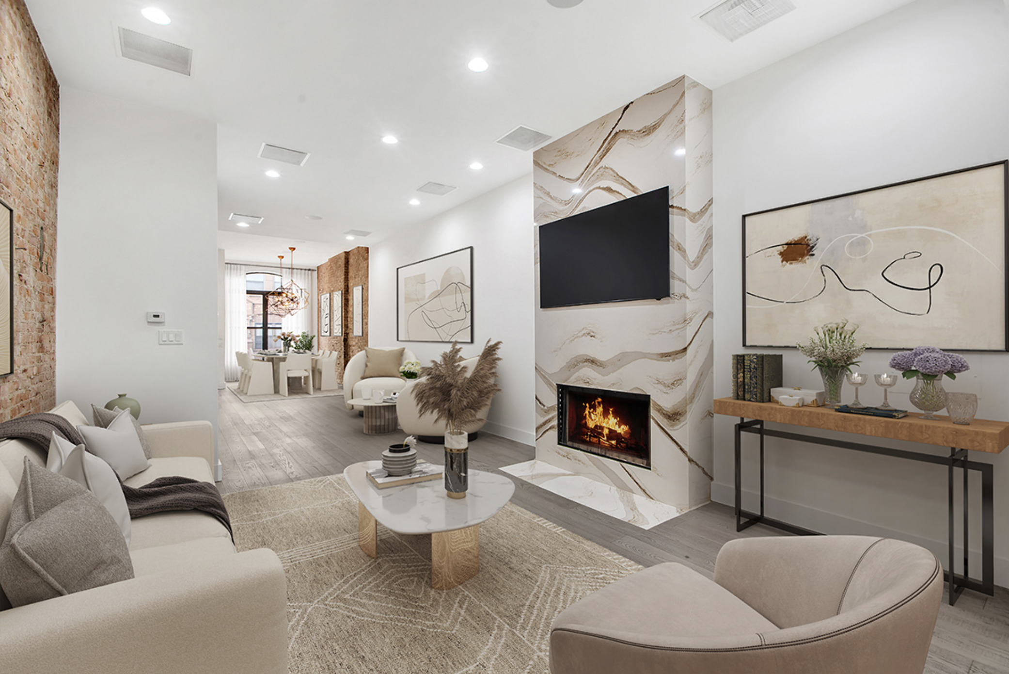 208 West 122nd Street Manhattan, NY 10027 - Photo 3 of 22 a living room with furniture a fireplace and a flat screen tv