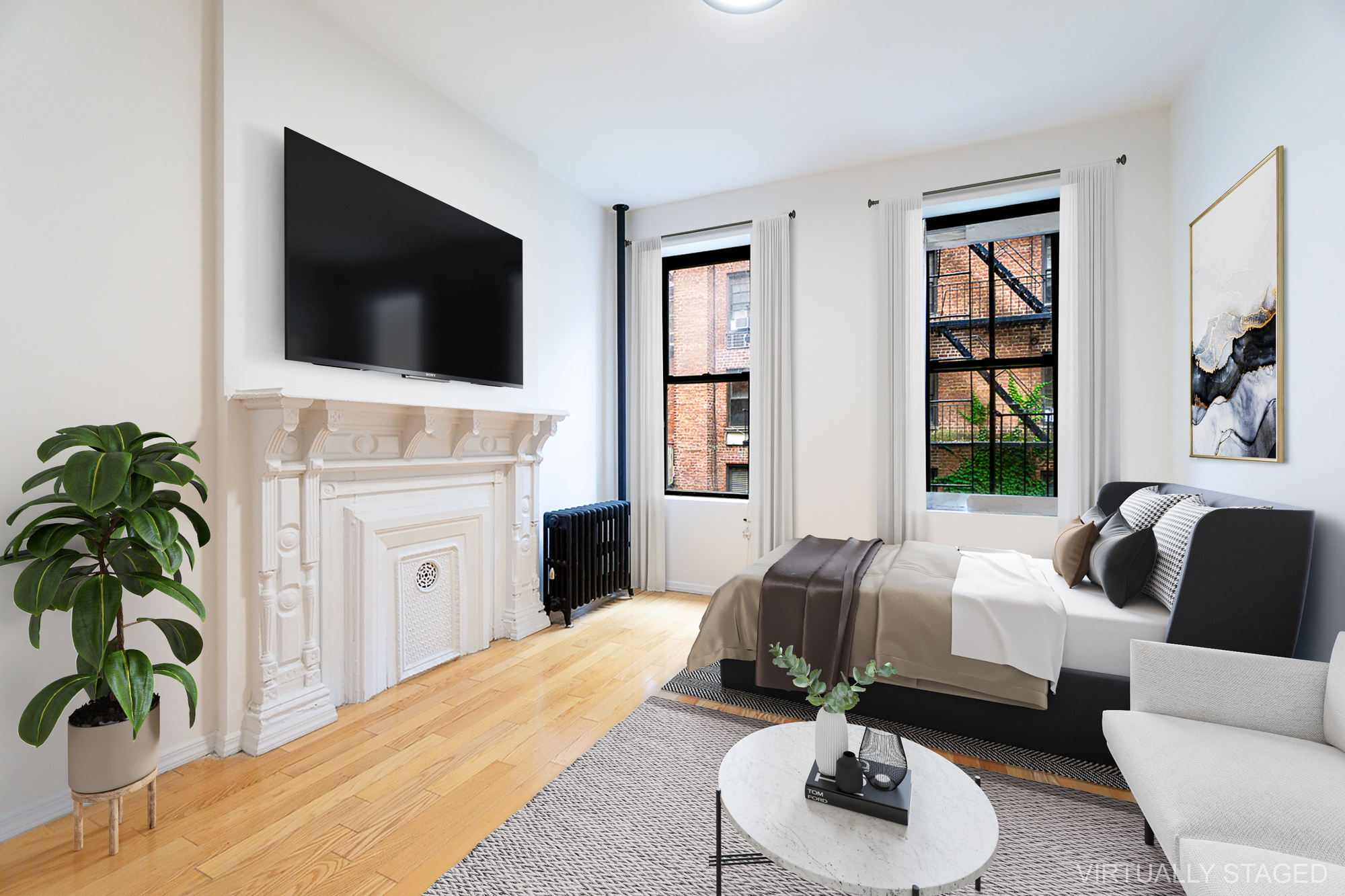 136 East 28th Street, Unit 2RE Manhattan, NY 10016 - Photo 3 of 17 a living room with furniture fireplace and flat screen tv