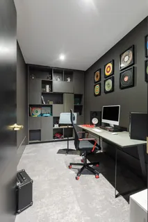 a workspace with furniture