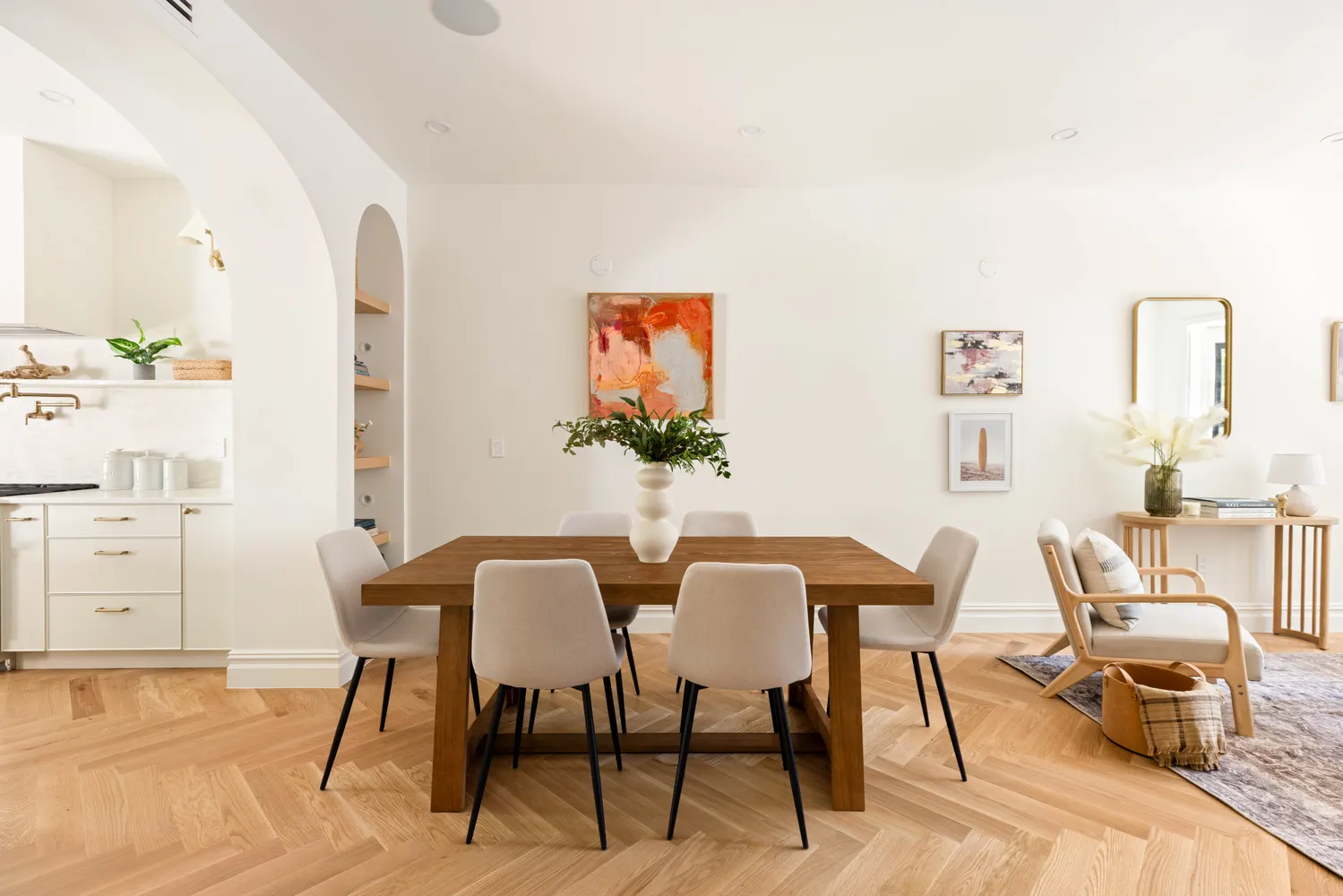 a view of a dining room with furniture