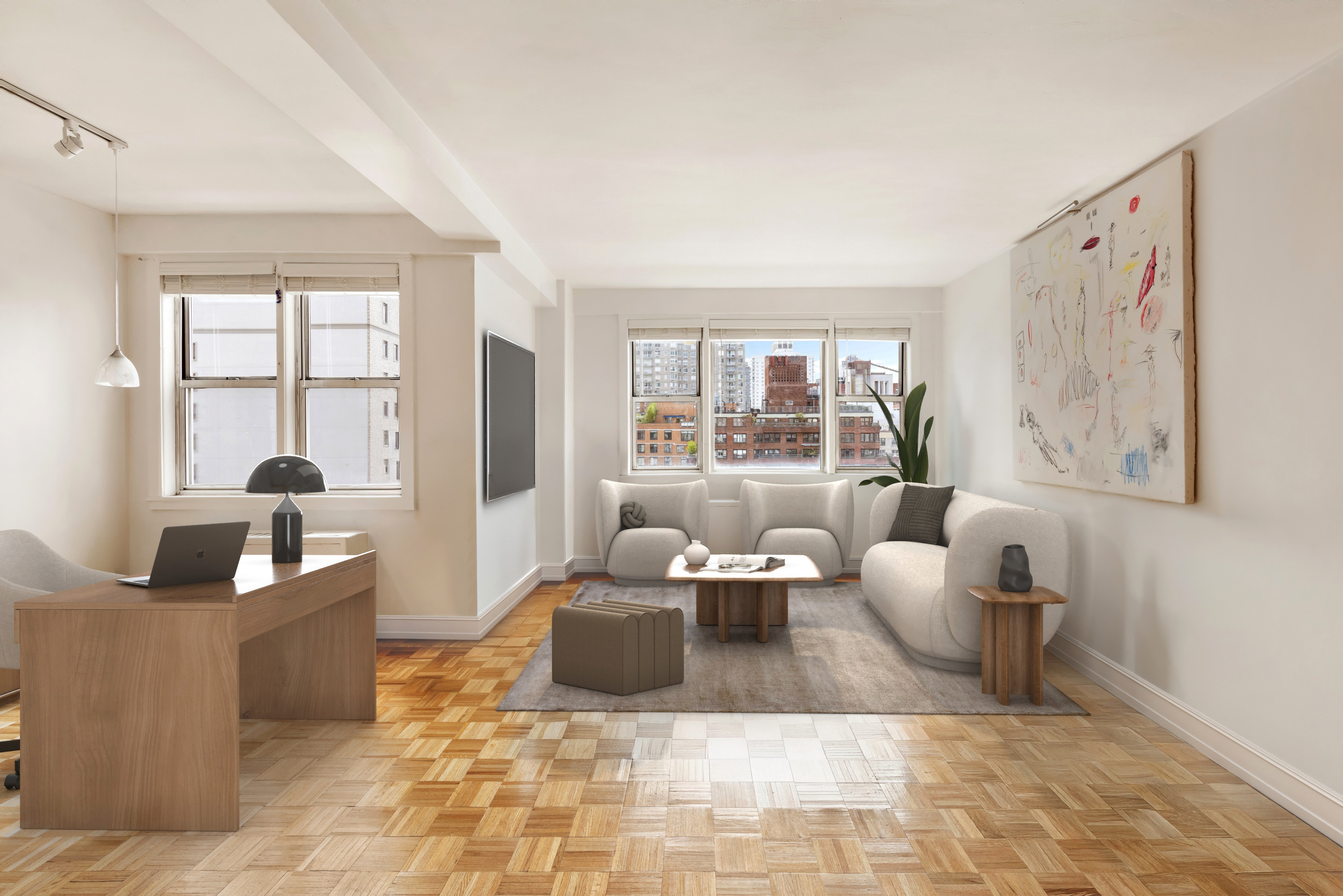 525 East 82nd Street, Unit 12E Manhattan, NY 10028 - Photo 7 of 29 a living room with furniture and a large window