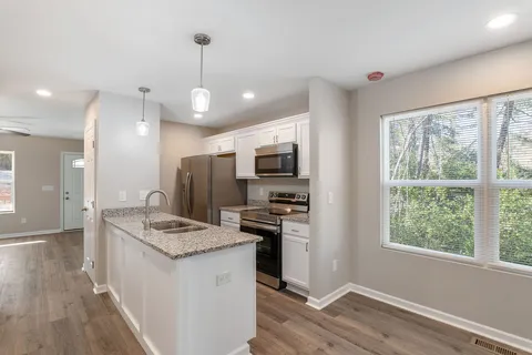 a kitchen that has a lot of cabinets a sink and appliances in it