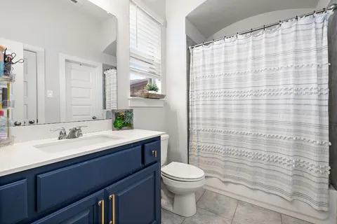 a bathroom with a sink a toilet and shower curtain