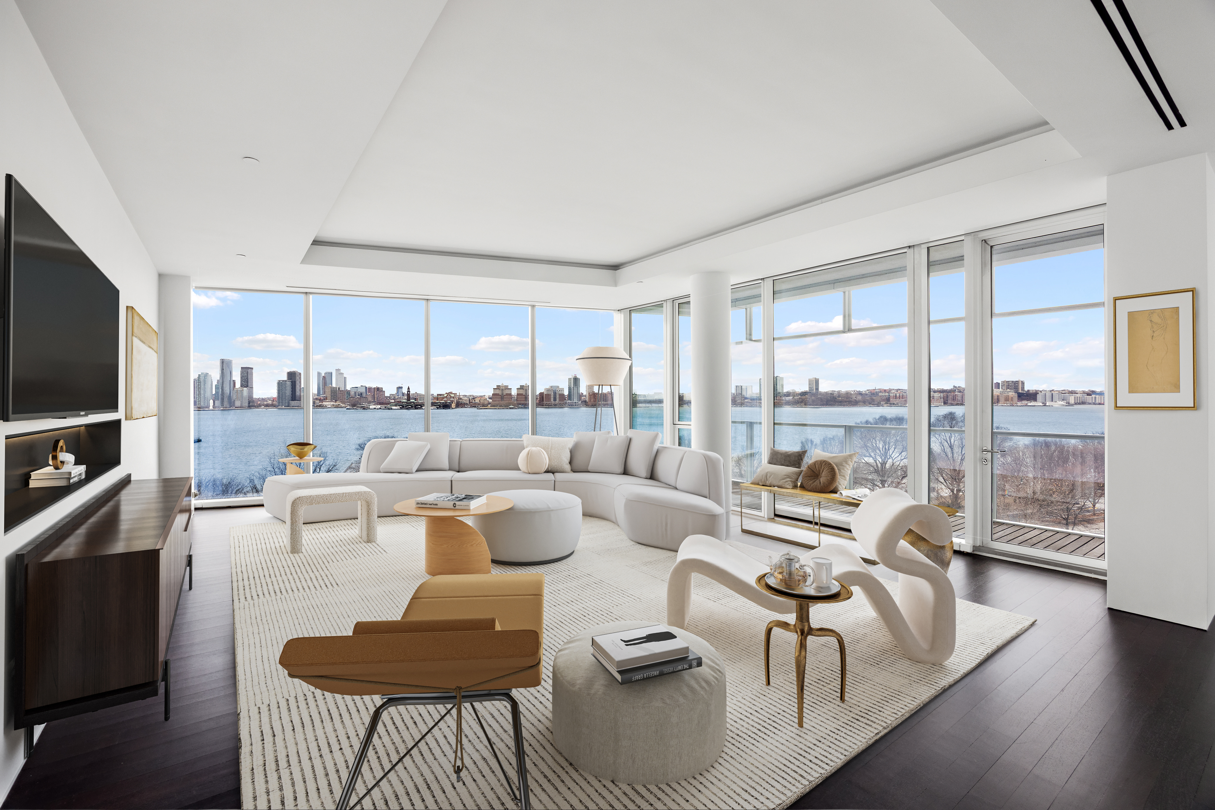 a living room with furniture a flat screen tv and a large window