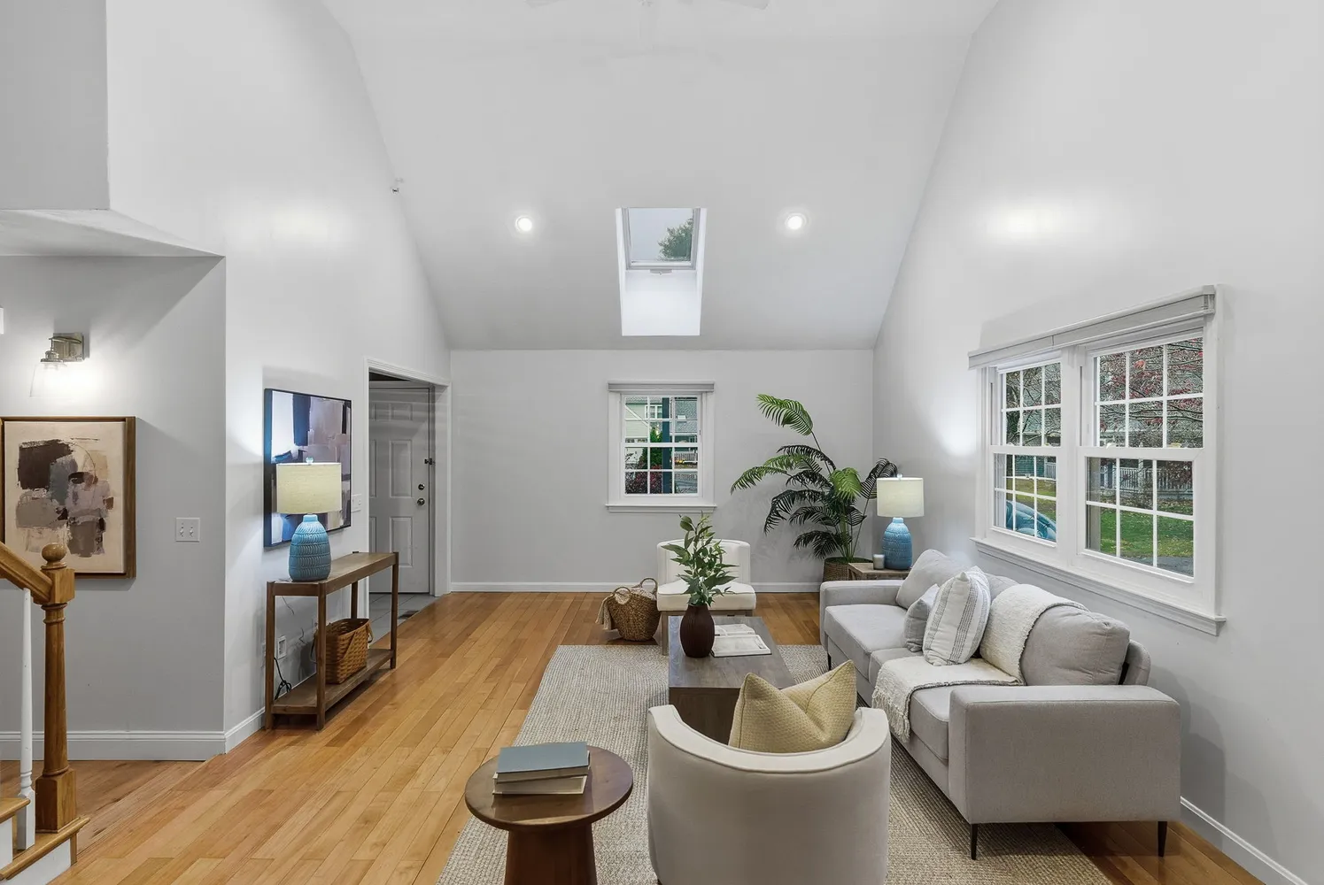 a living room with furniture and a potted plant