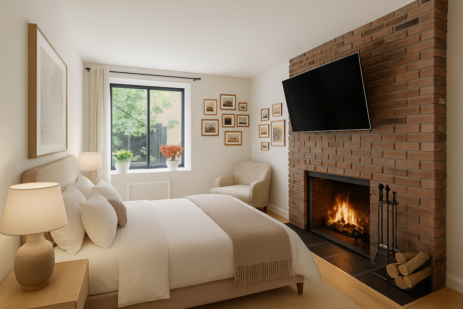 a bedroom with a bed and a fireplace
