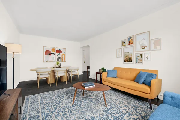 a living room with furniture and a rug