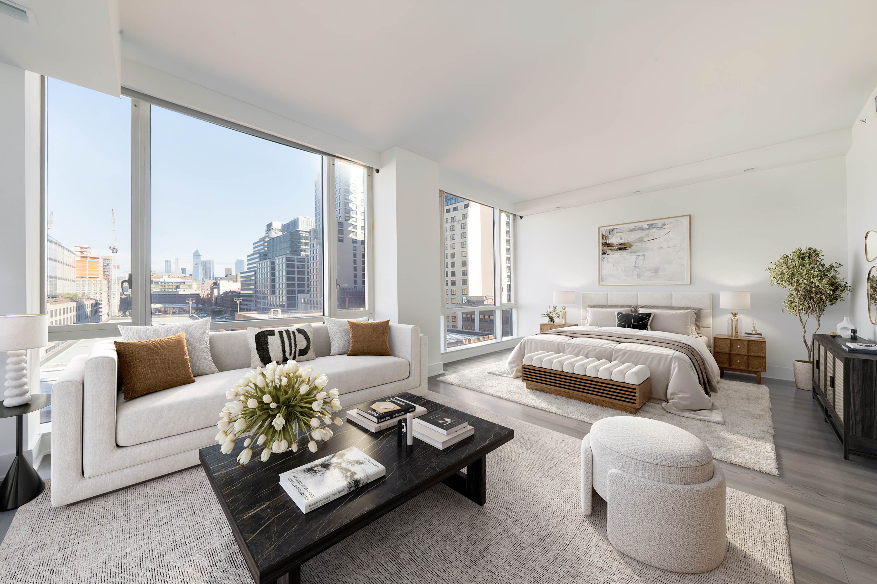 330 Spring Street, Unit 8B Manhattan, NY 10013 - Photo 3 of 14 a bedroom with furniture and a large window