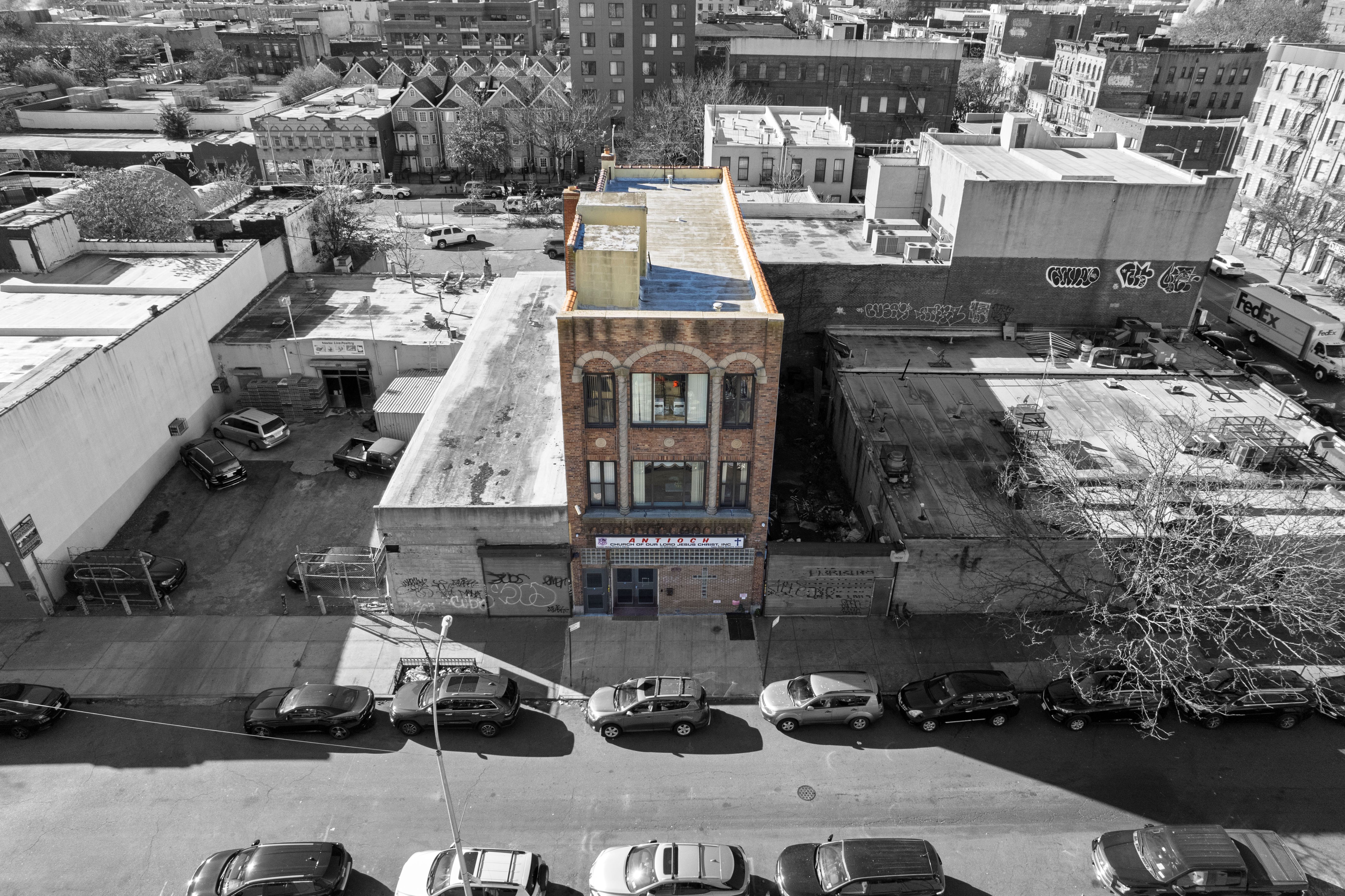 an aerial view of a large building