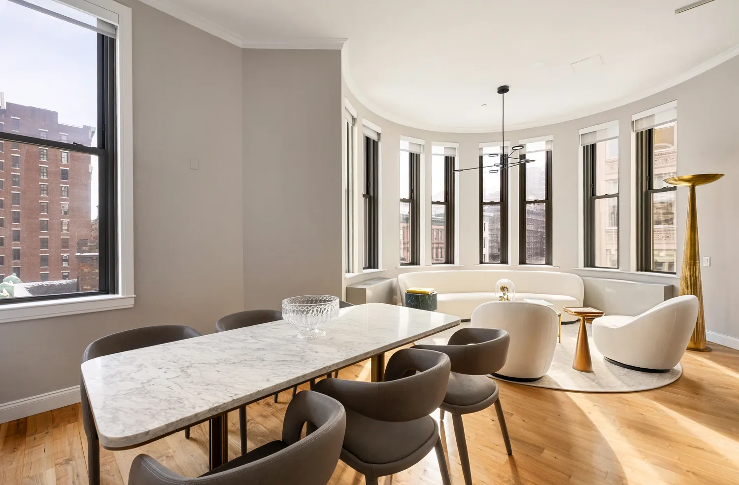 a view of a dining room with furniture