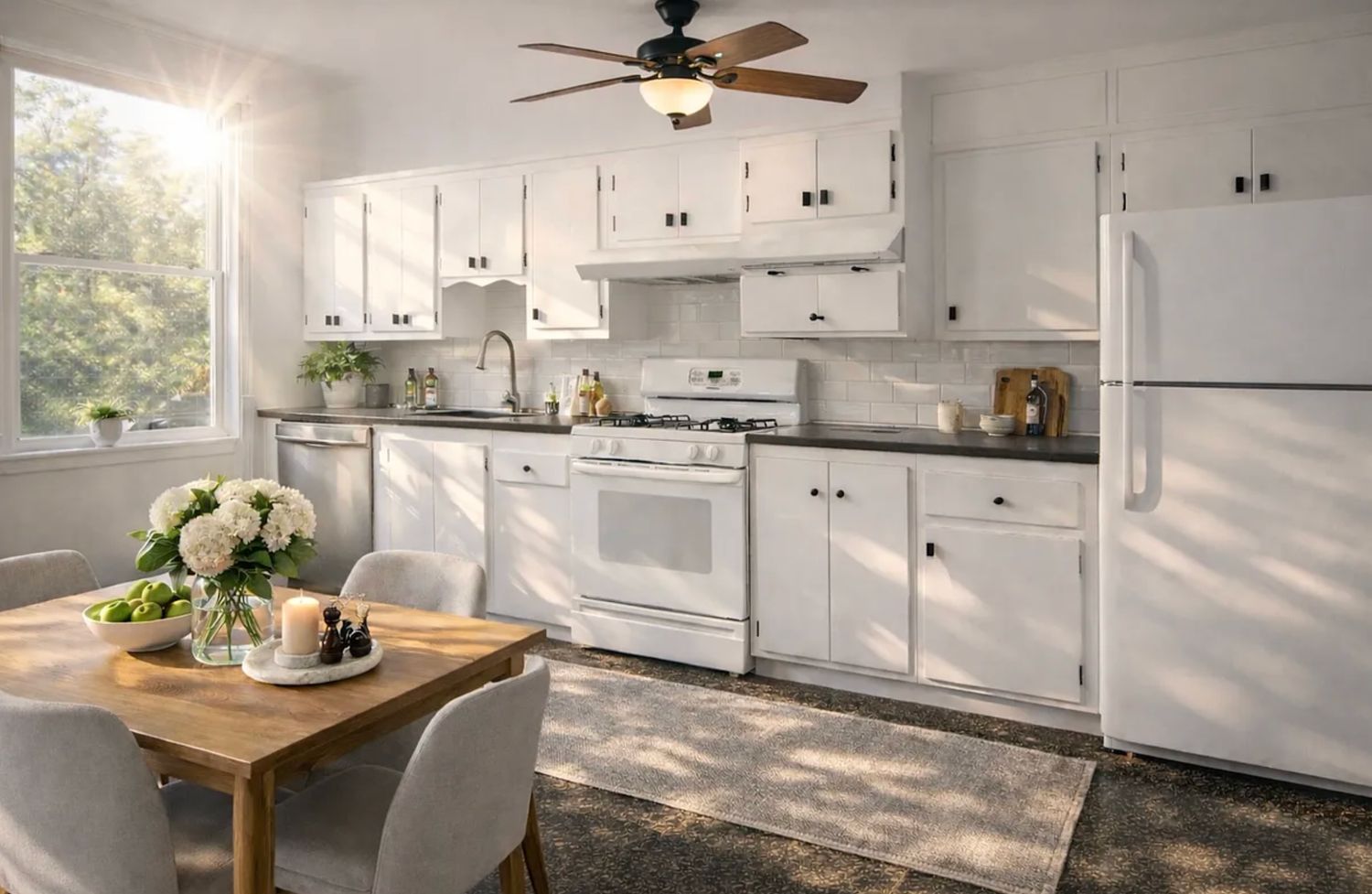 a kitchen with stainless steel appliances kitchen island granite countertop a table chairs stove and white cabinets