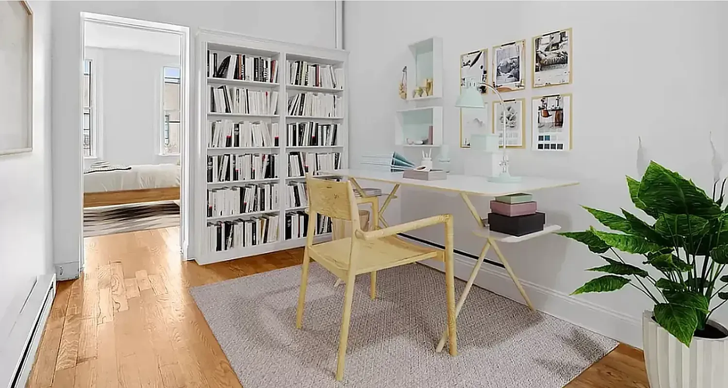 a work room with furniture and wooden floor