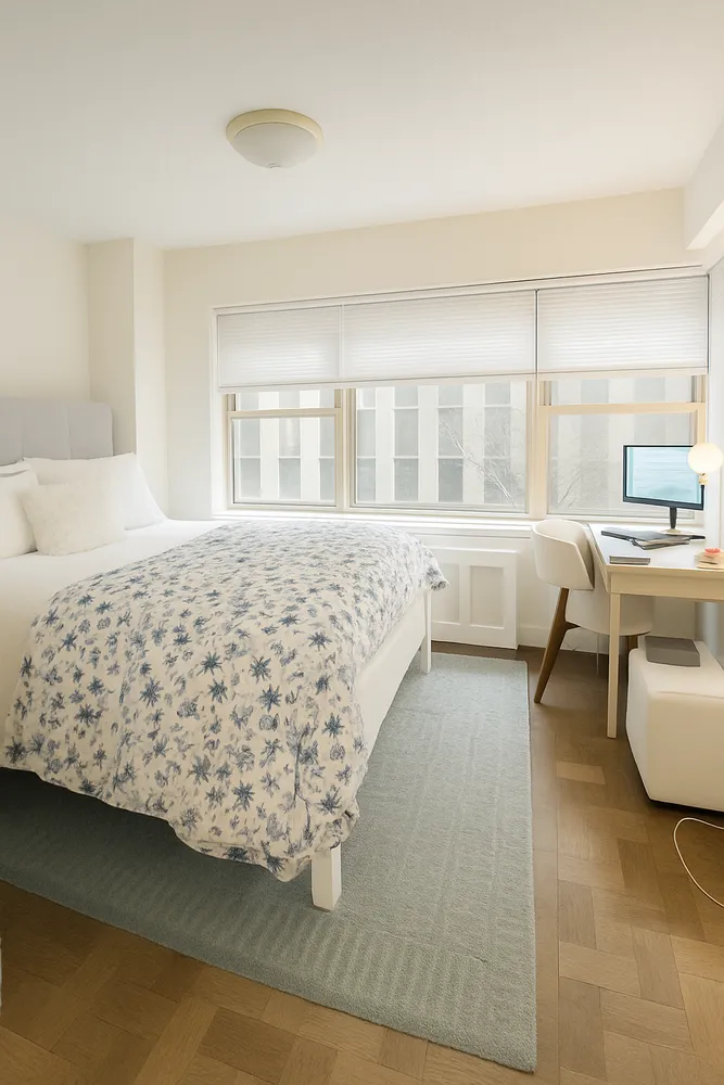 a living room with a bed furniture and a large window