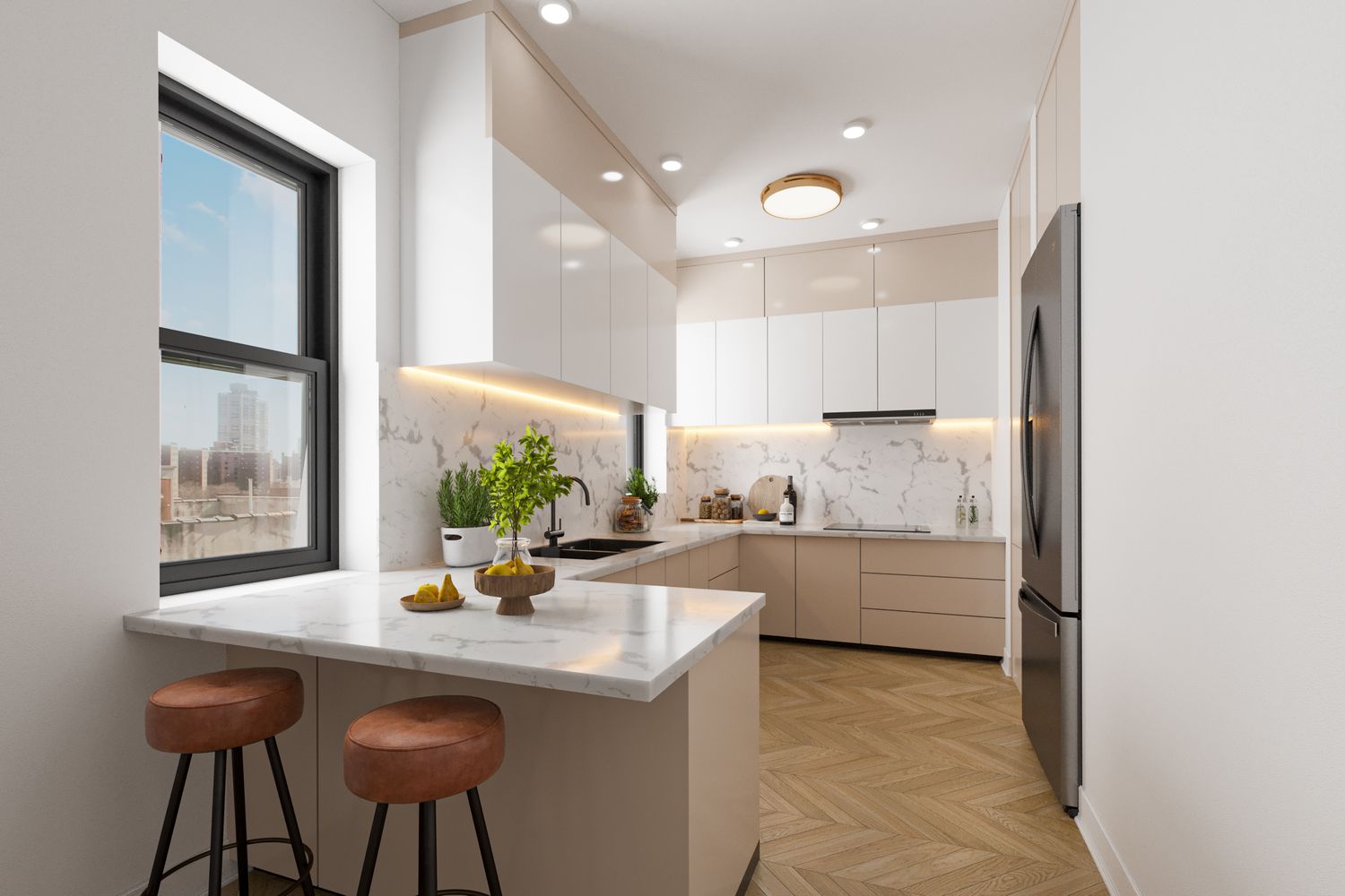 a kitchen with a sink cabinets and window