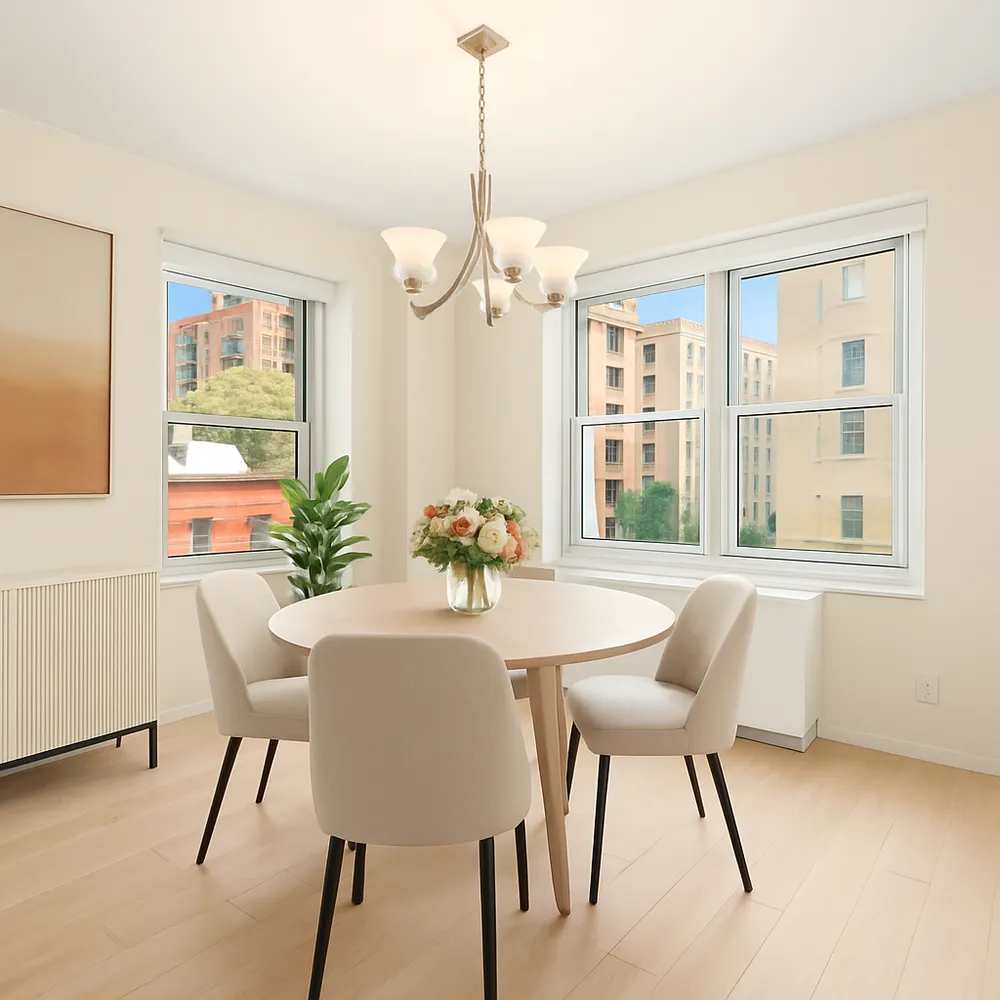 a dining room with furniture a chandelier and wooden floor