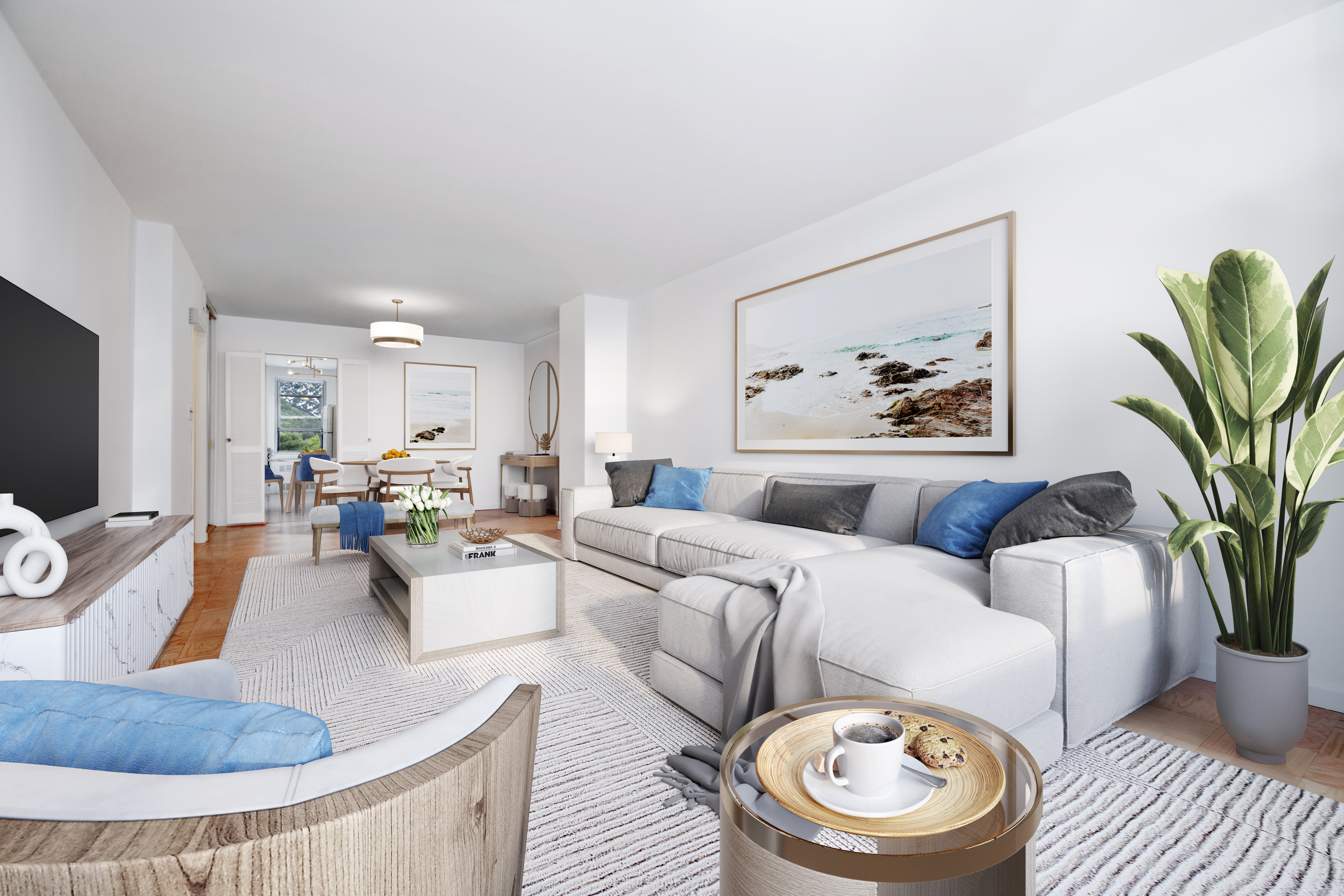 70-25 Yellowstone Boulevard, Unit 2M Queens, NY 11375 - Photo 3 of 23 a living room with furniture and a flat screen tv