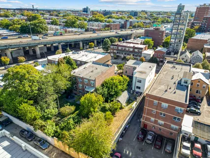an aerial view of a house with a garden view