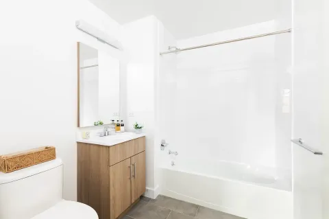 a bathroom with a sink a toilet and shower