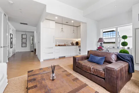 a living room with furniture and a potted plant