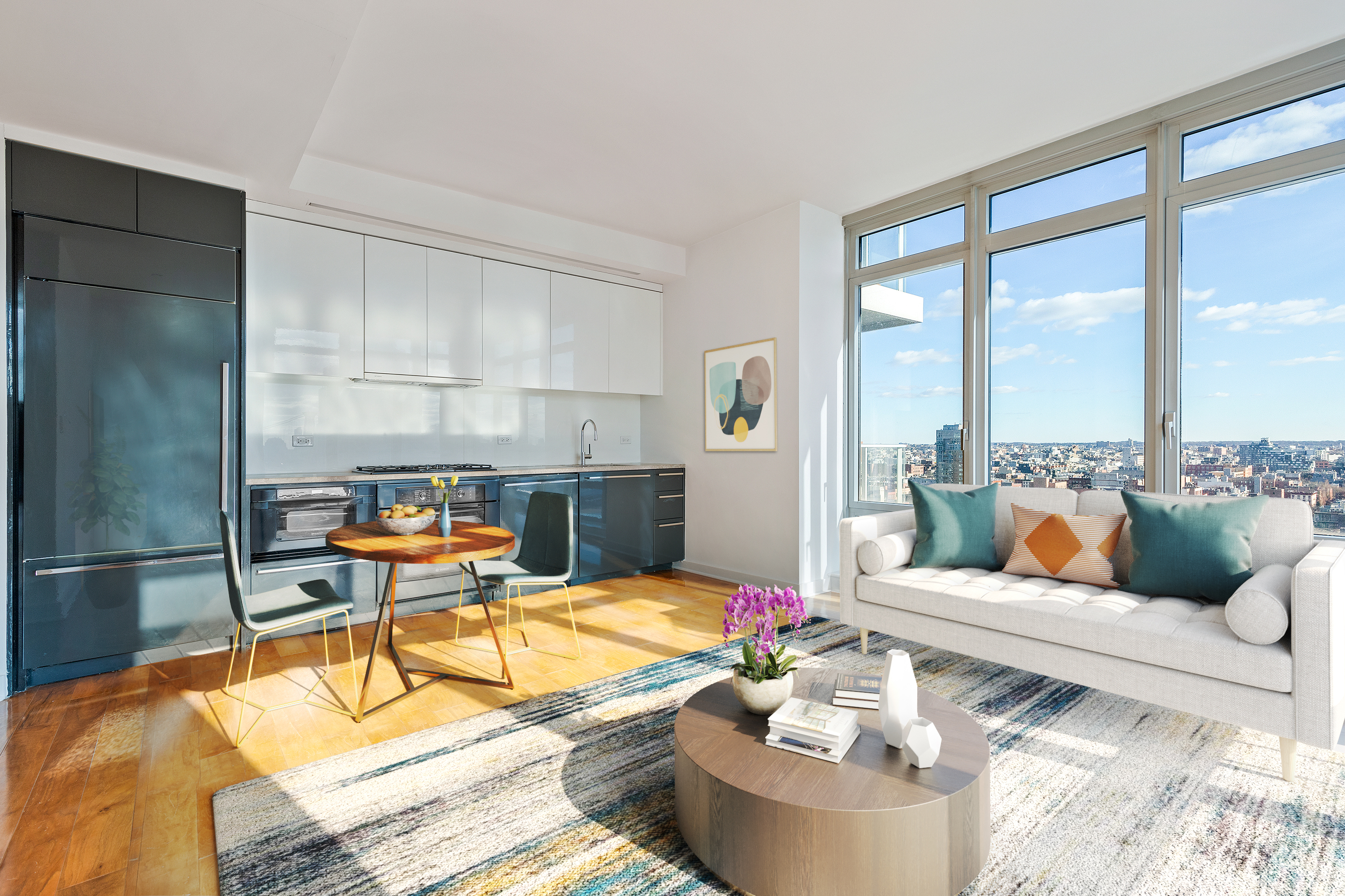 2 Northside Piers, Unit 18E Brooklyn, NY 11249 - Photo 2 of 12 a living room with furniture and a floor to ceiling window