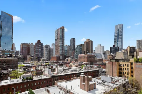 a city view with tall buildings