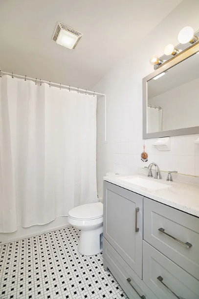 464 Macon Street, Unit 2 Brooklyn, NY 11233 - Photo 8 of 9 a bathroom with a double vanity sink toilet and a mirror