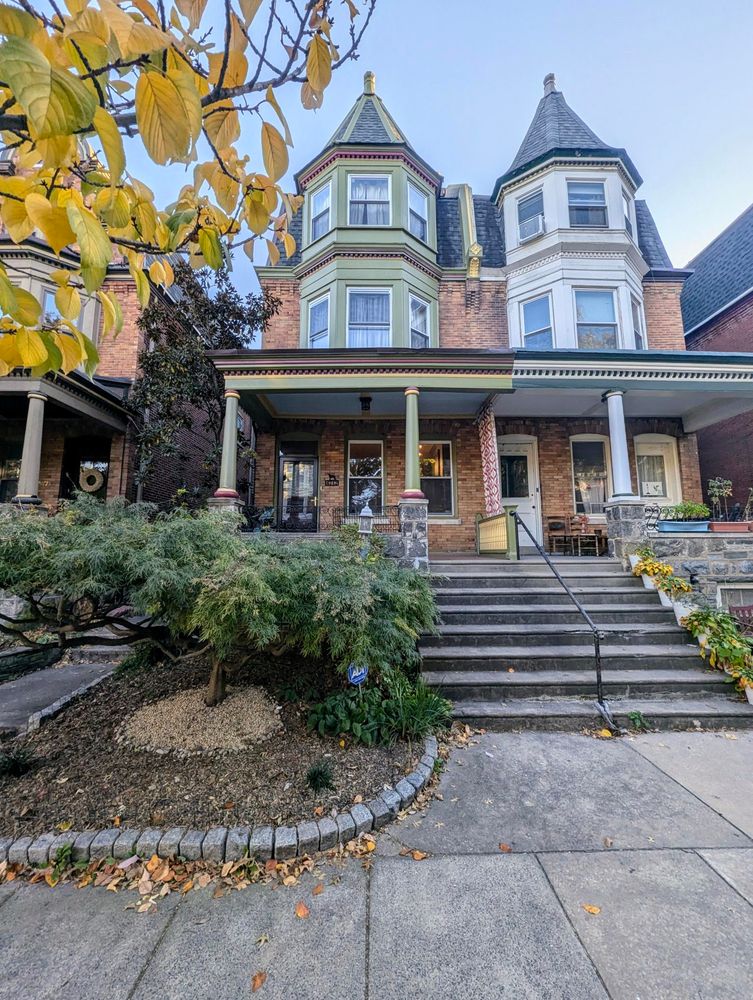 a view of a building with a garden