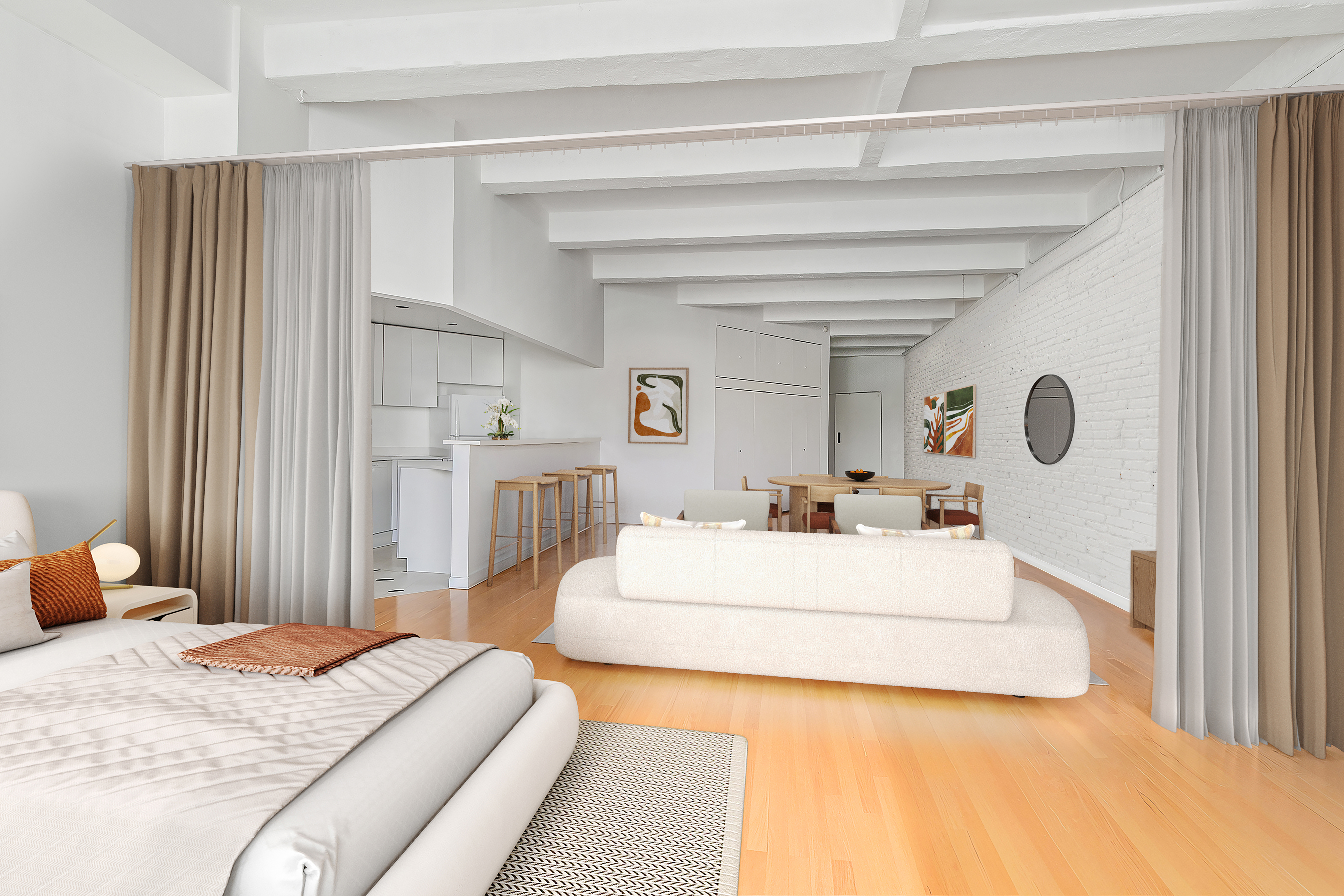 321 West 13th Street, Unit 3A Manhattan, NY 10014 - Photo 5 of 12 a bedroom with a large bed and a chandelier