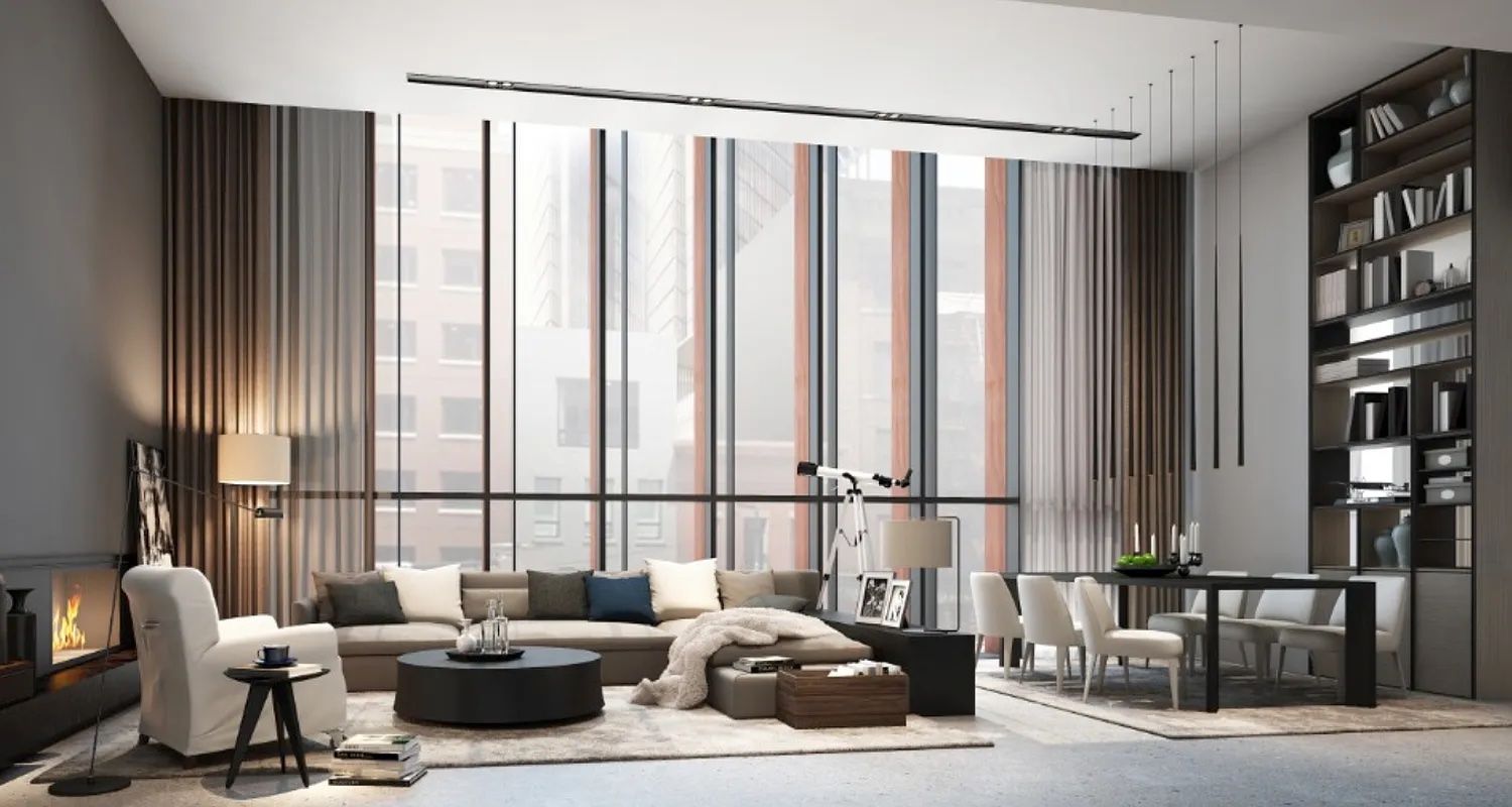 a living room with furniture and large window