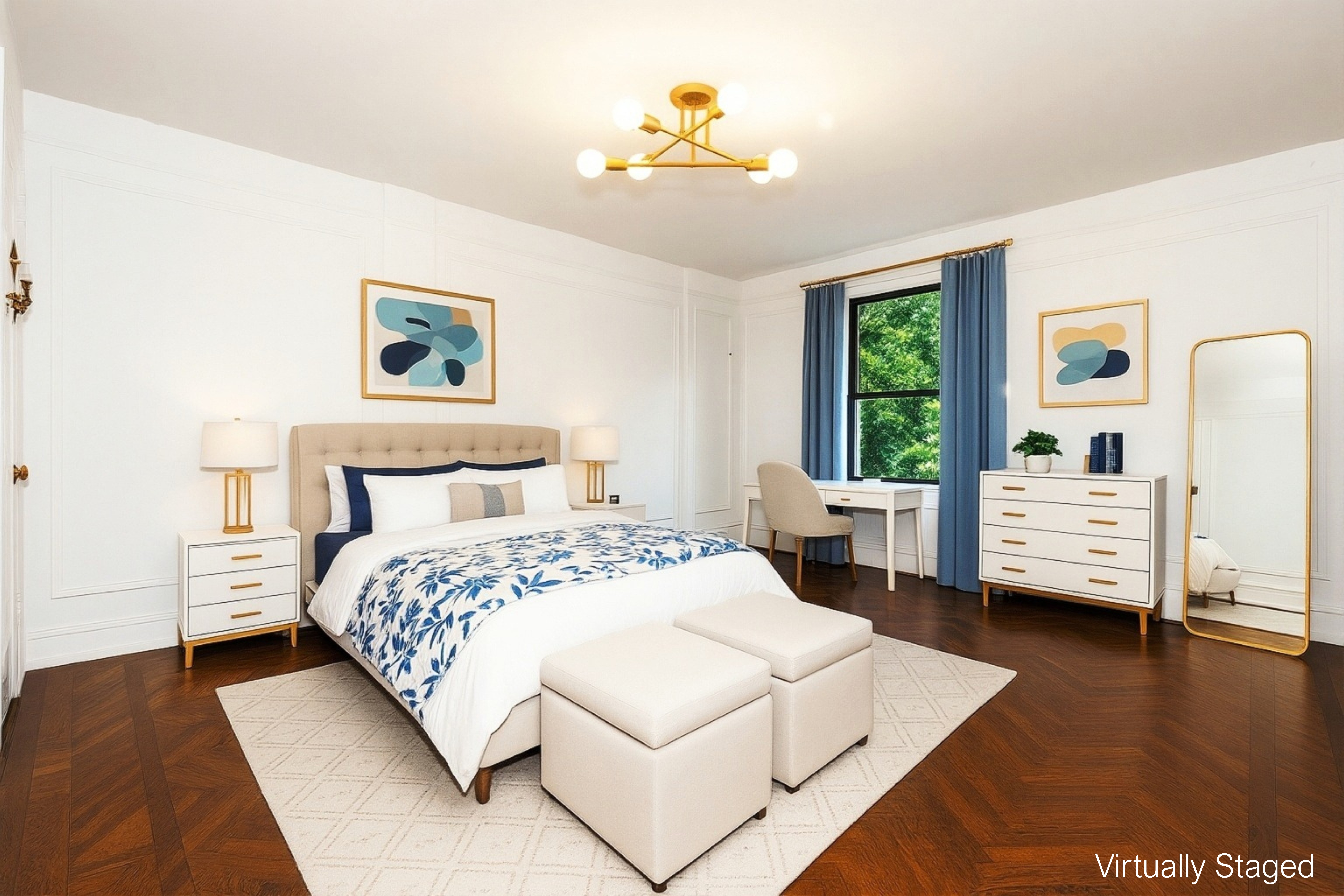 299 Riverside Drive, Unit 4D Manhattan, NY 10025 - Photo 5 of 15 a bedroom with a bed a dresser and a large window