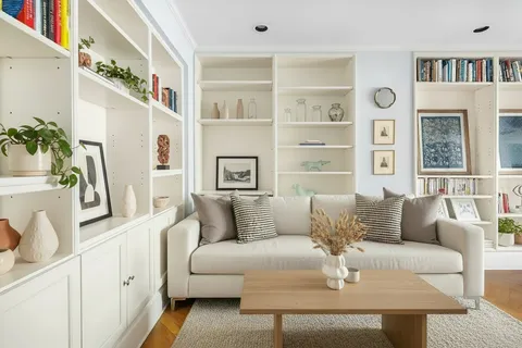 a living room with furniture and a potted plant