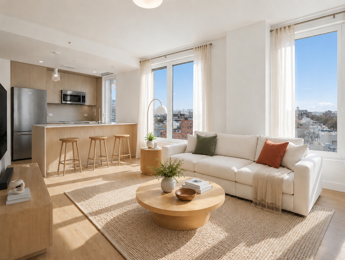 130 2nd Street, Unit 9L Brooklyn, NY 11231 - Photo 2 of 20 a living room with furniture a flat screen tv and a large window