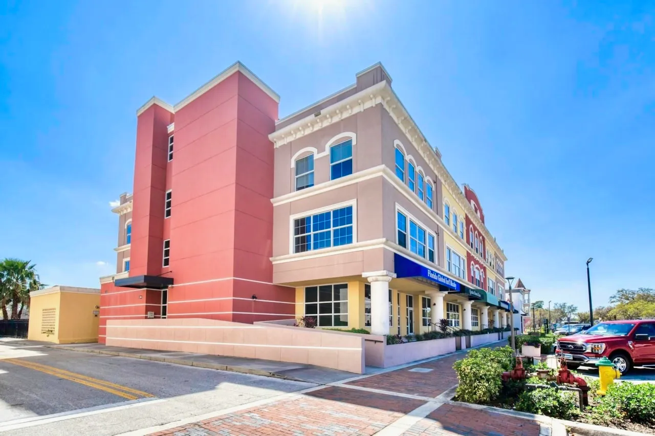 a view of a building with street