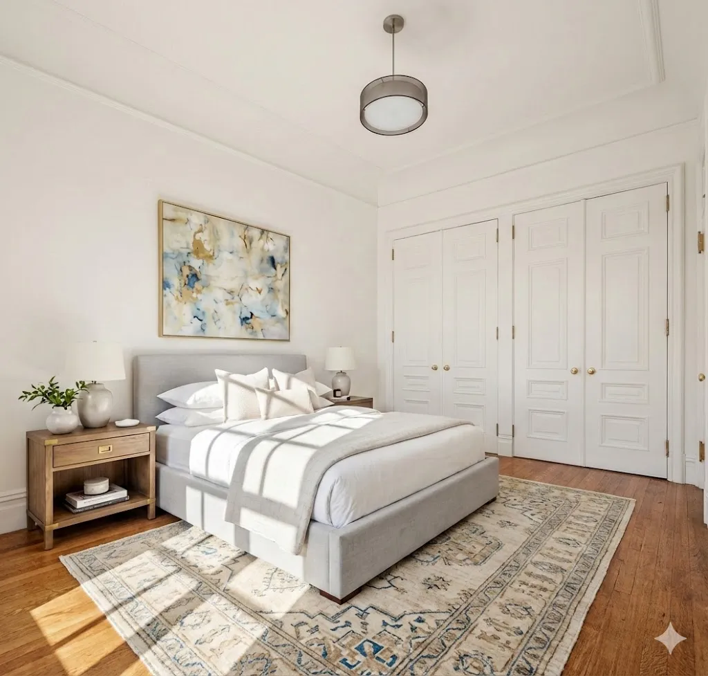 a bedroom with a bed and a painting on the wall