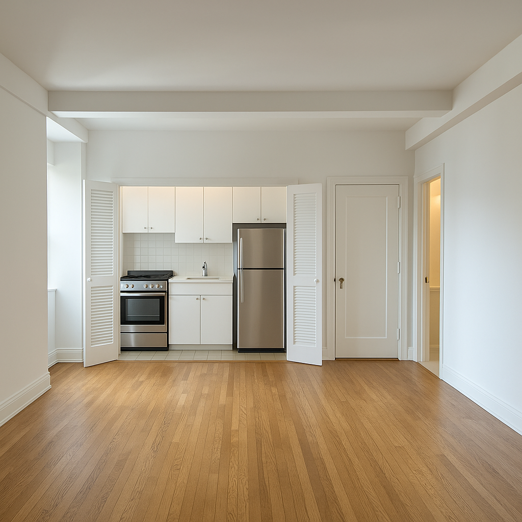 300 West 23rd Street, Unit 12A Manhattan, NY 10011 - Photo 2 of 11 a kitchen with wooden floors and stainless steel appliances