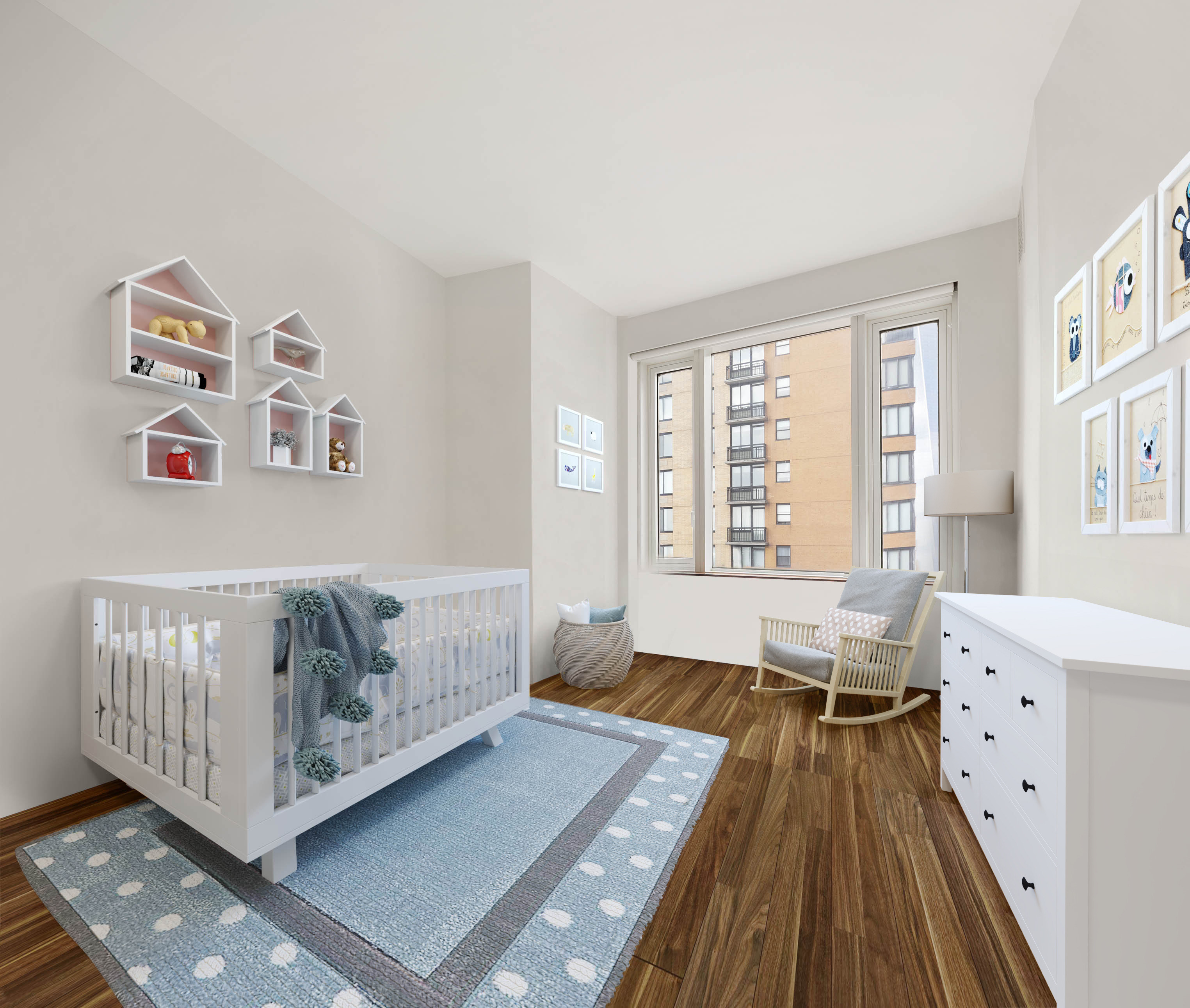 70 Little West Street, Unit 14B Manhattan, NY 10004 - Photo 6 of 17 a living room with baby crib furniture and a window