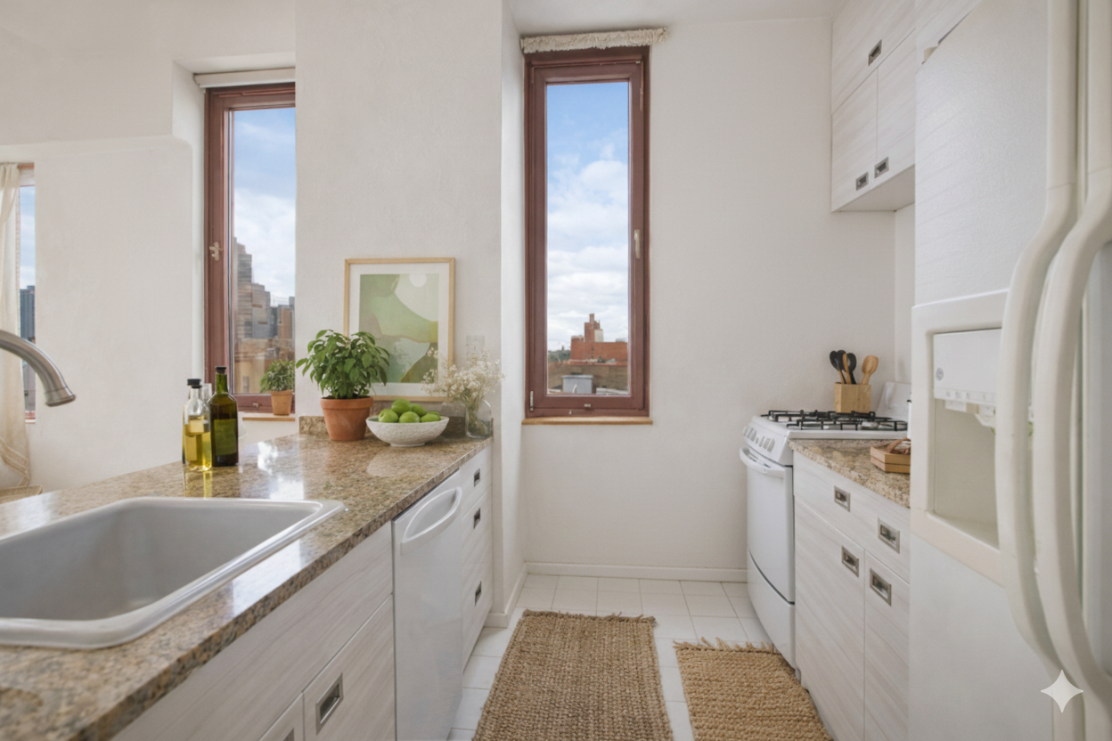 393 West 49th Street, Unit 6G Manhattan, NY 10019 - Photo 7 of 12 a kitchen with a sink stove and cabinets