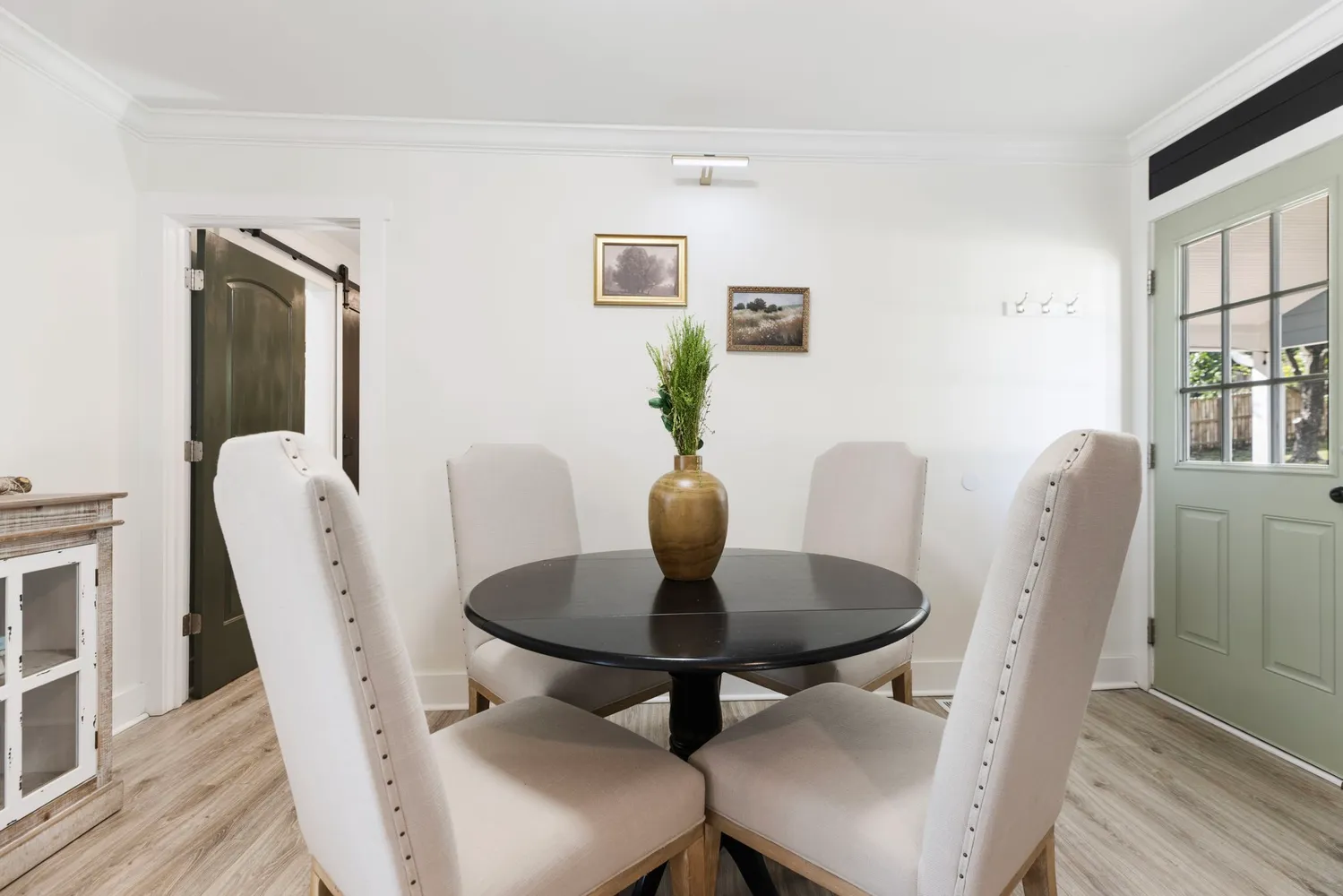 a bedroom with a bed and a fireplace