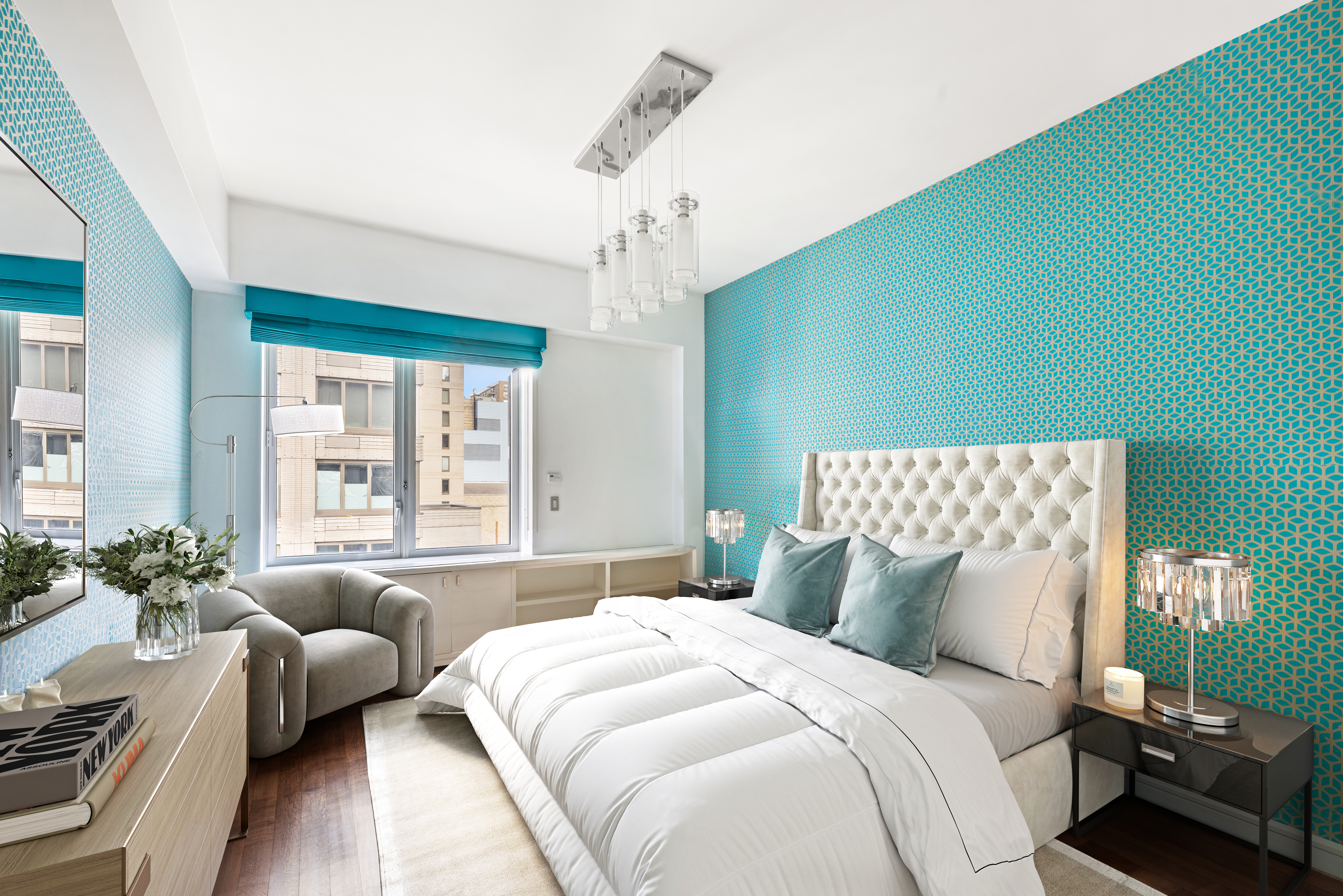 80 Riverside Boulevard, Unit 7E Manhattan, NY 10069 - Photo 6 of 12 a bedroom with a bed couch and a window