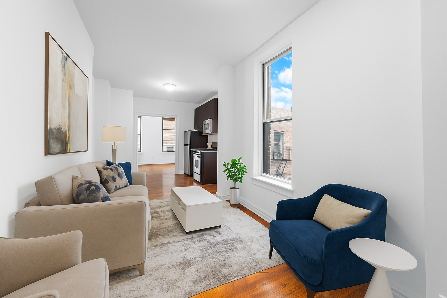 142 Sullivan Street, Unit 21 Manhattan, NY 10012 - Photo 1 of 8 a living room with furniture and a large mirror